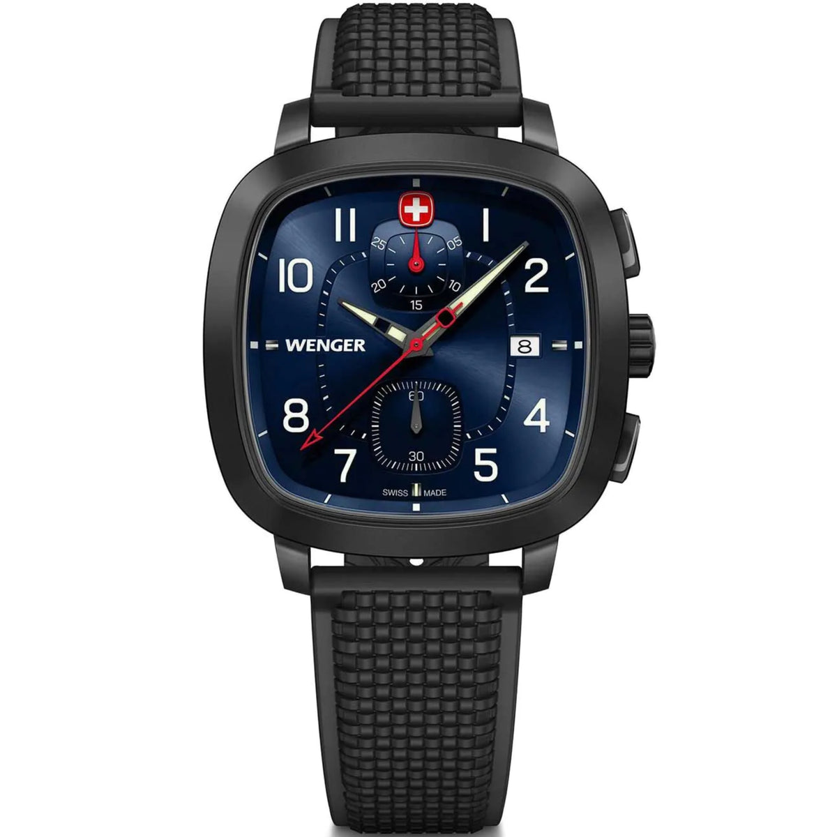 Wenger Vintage Sport Chrono 01.1933.113 front view of cushion-shaped blue dial chronograph watch with black silicone strap