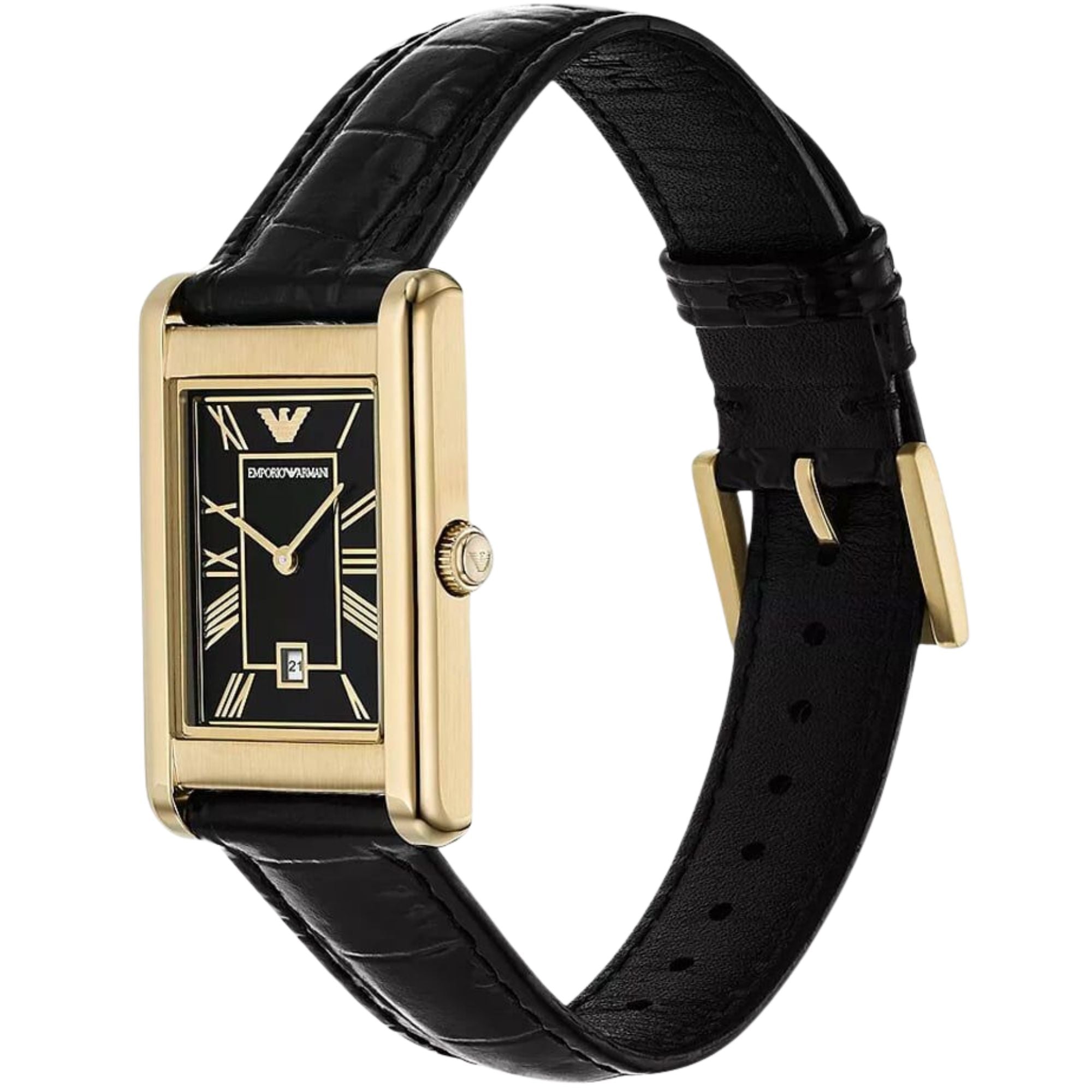 Rectangular ladies quartz watch with black dial, gold-tone case, black leather strap holes