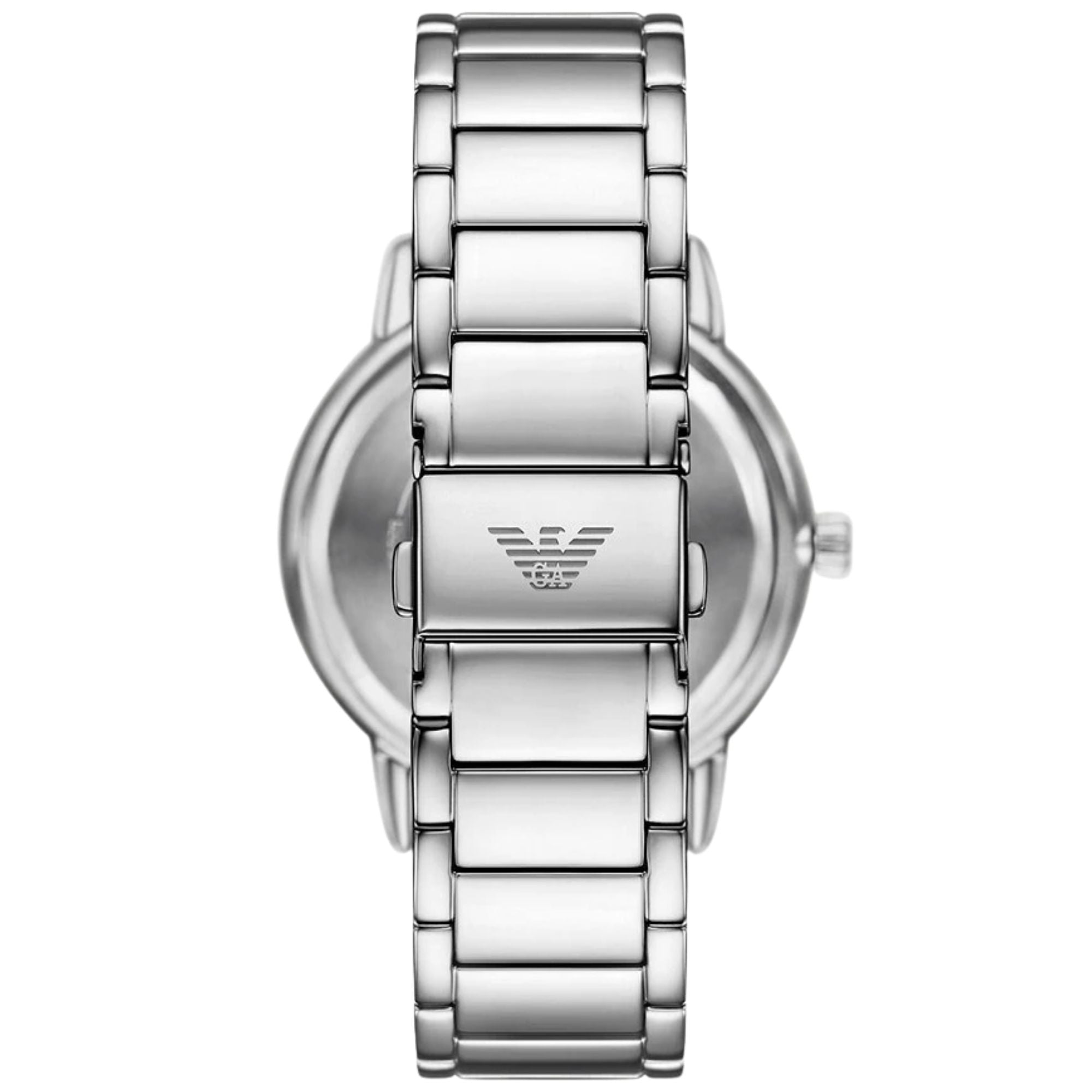 Silver-tone steel watch with Emporio Armani emblem on bracelet clasp and link chain.