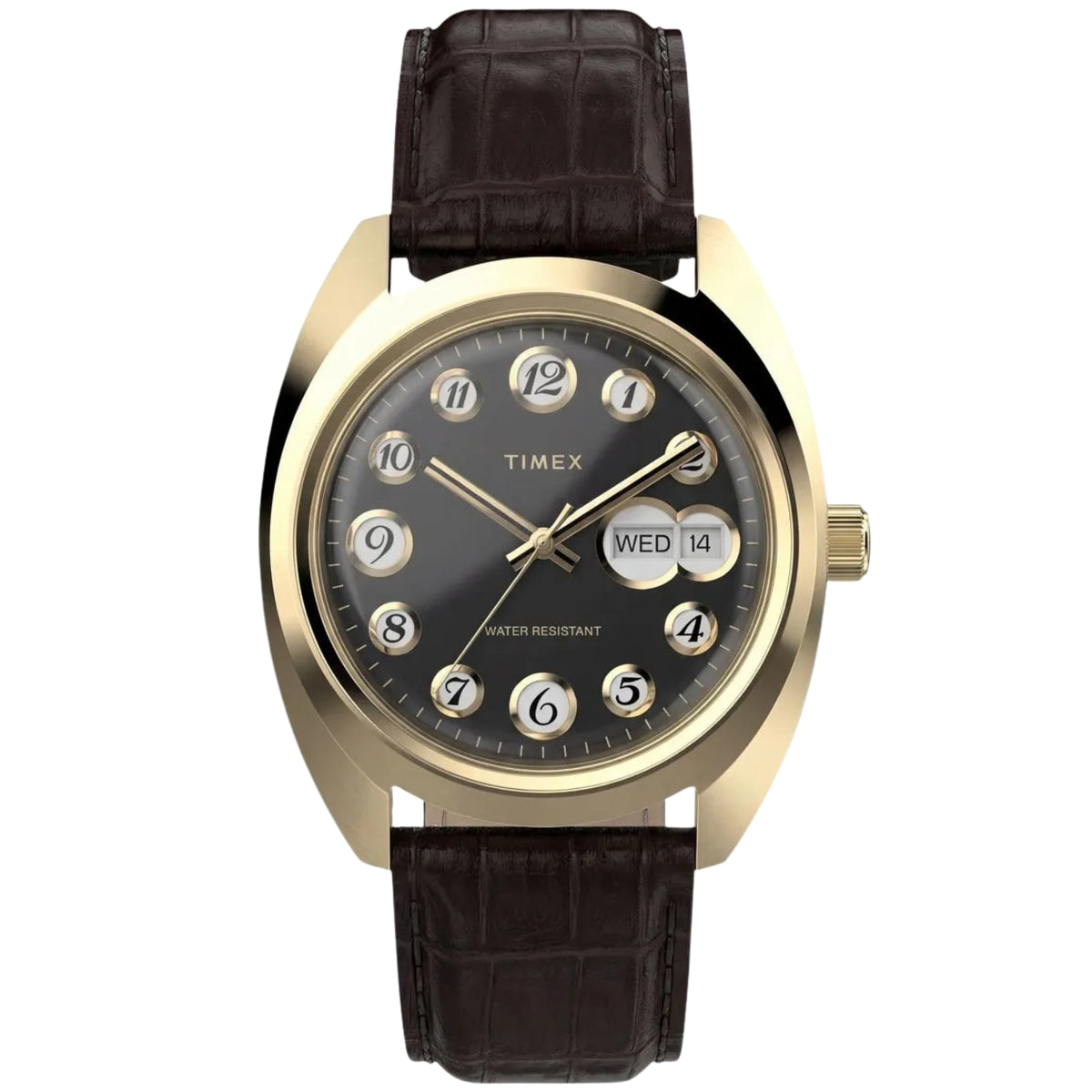 Timex Reissue 1976 Rotary Phone TW2Y82100 front view displaying black dial with rotary telephone numerals, day-date window, yellow gold-tone cushion case, and leather strap