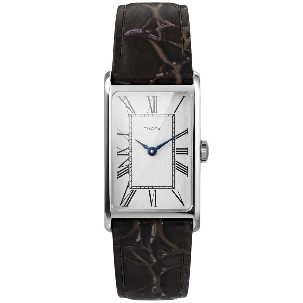 Timex Reissue 1976 Lexington TW2Y88200 front view displaying silver dial with Roman numerals, rectangular case, and leather strap