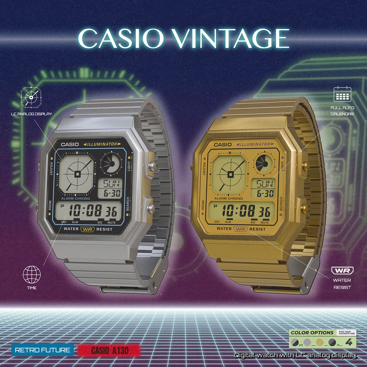 Orologio Casio Vintage 34mm digitale acciaio tono oro quarzo A130WEG-9AEF