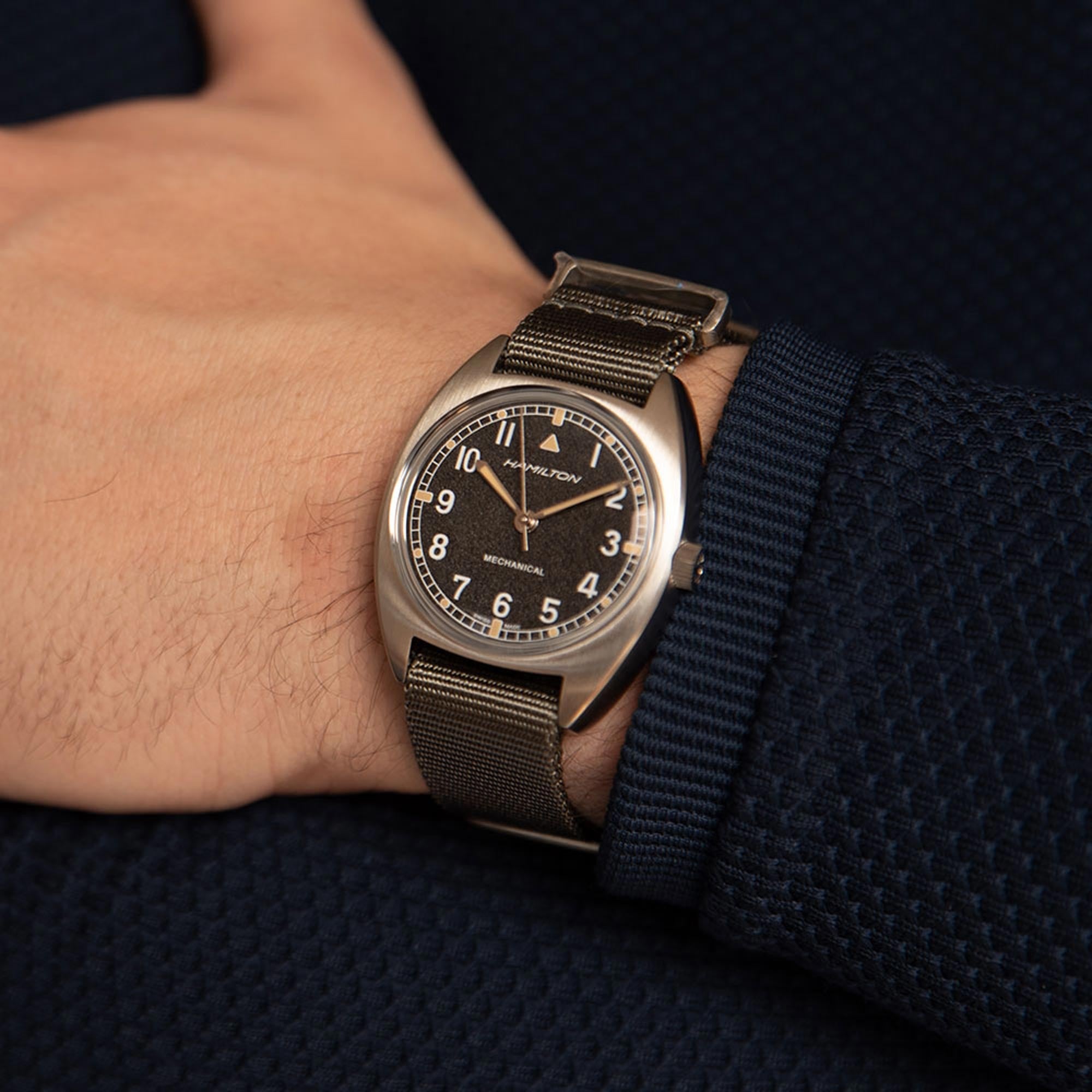 Hamilton Khaki Aviation Pilot Pioneer Mechanical Black Dial Grey NATO Strap Men's Watch H76419931