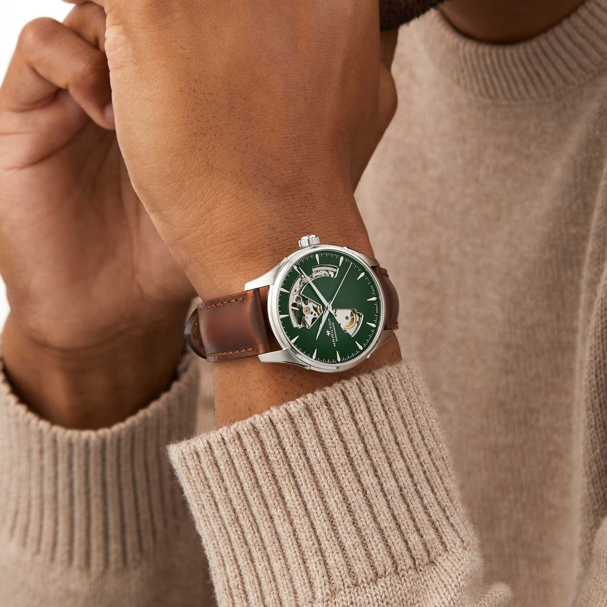 Hamilton Jazzmaster Open Heart Automatic Green Dial Brown Leather Strap Men's Watch H32675560