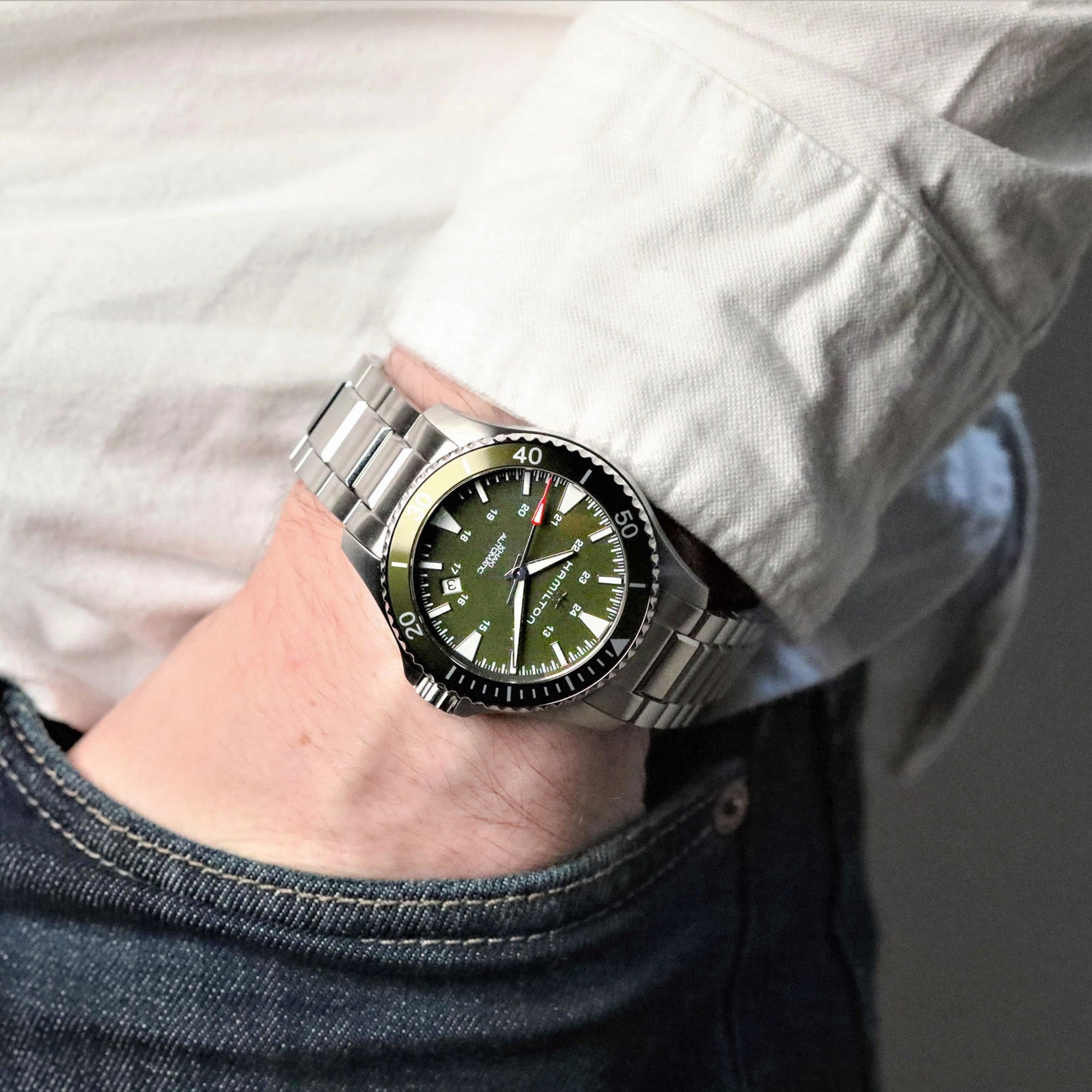 Hamilton Khaki Navy Scuba Automatic Green Dial Stainless Steel Bracelet Men's Watch H82375161