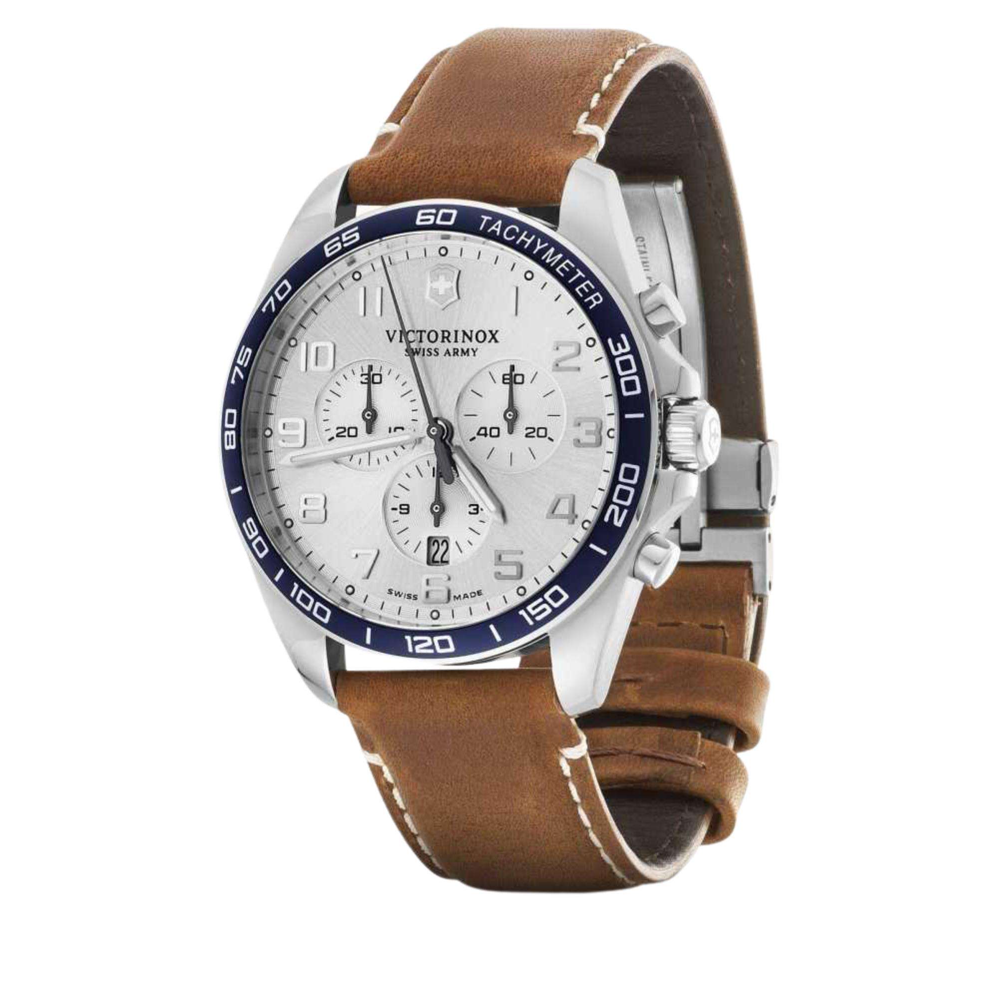 Victorinox FieldForce 42mm Chronograph Silver Dial Leather Mens Quartz Watch 241900