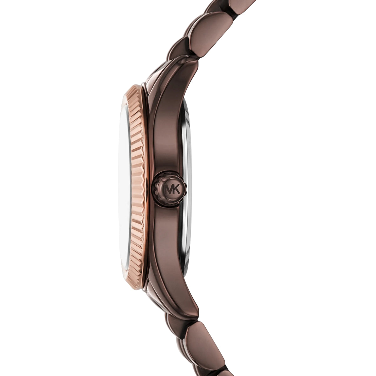 Michael Kors Lexington MK4844 side profile view highlighting the rose gold tone coin edge bezel and branded crown