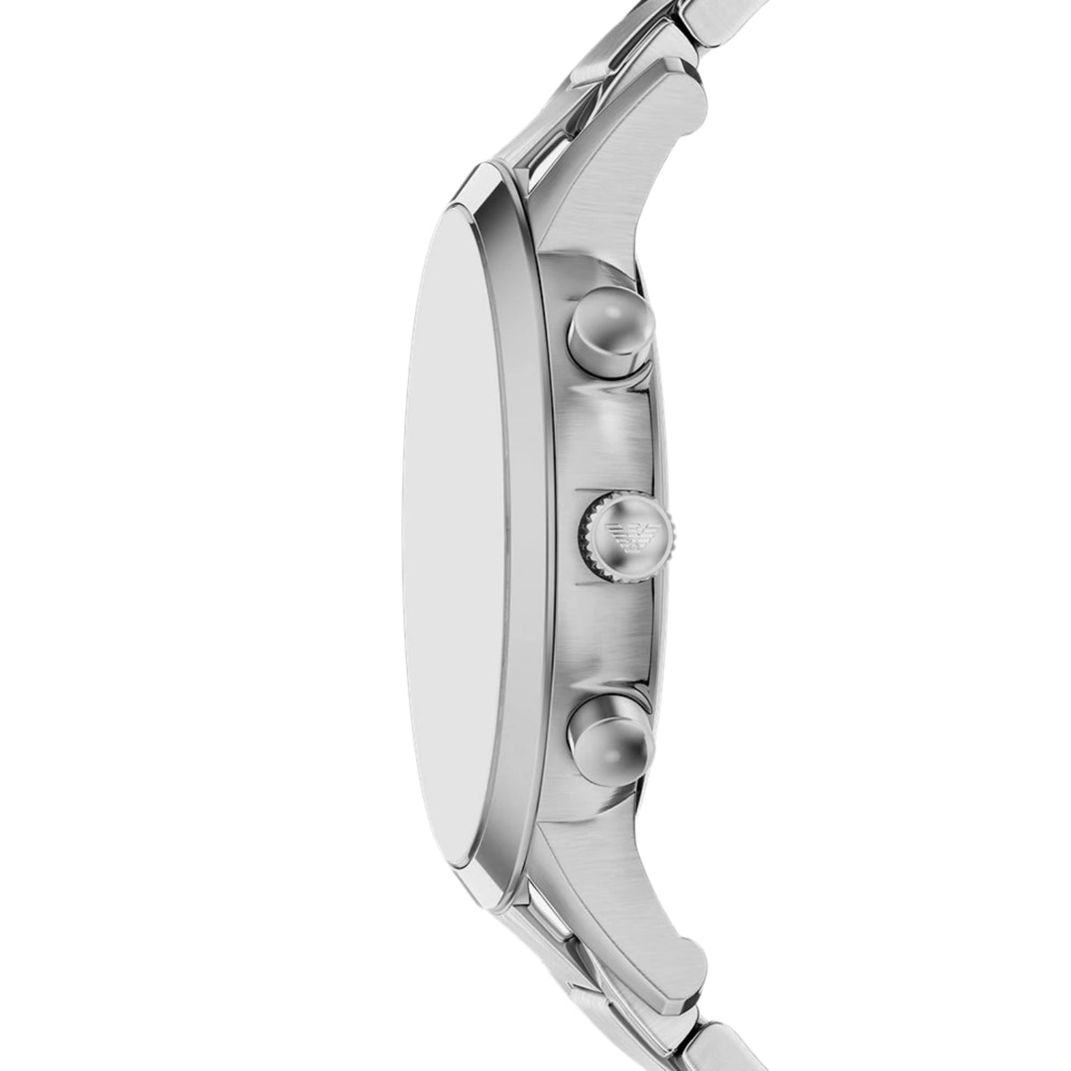Side profile of the Emporio Armani Archetipo AR11819 wrist watch featuring the branded crown and dual pushers