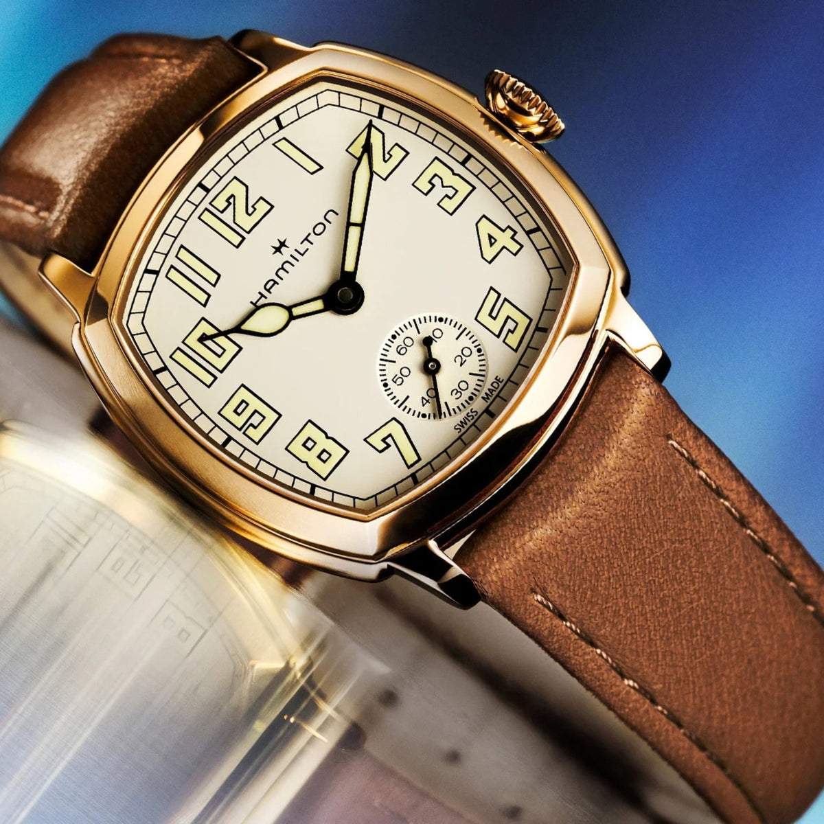 Hamilton American Classic Cushion 30mm Beige Dial Yellow Gold-Tone Steel Leather Manual-Wind Watch H36119520