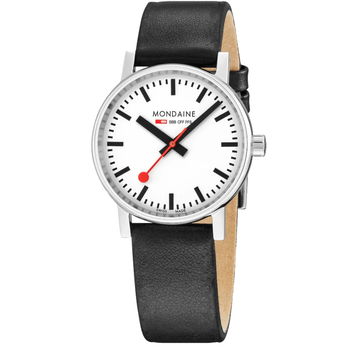 Angle view of Mondaine Evo2 MSE.35110.LBV 35mm quartz watch with polished steel case and black vegan leather strap