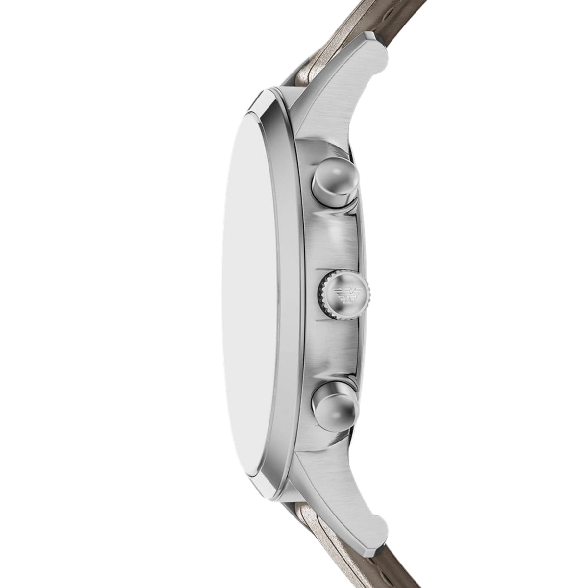 Side profile of the Emporio Armani Archetipo AR11821 wrist watch highlighting the stainless steel case, side pushers, and textured crown