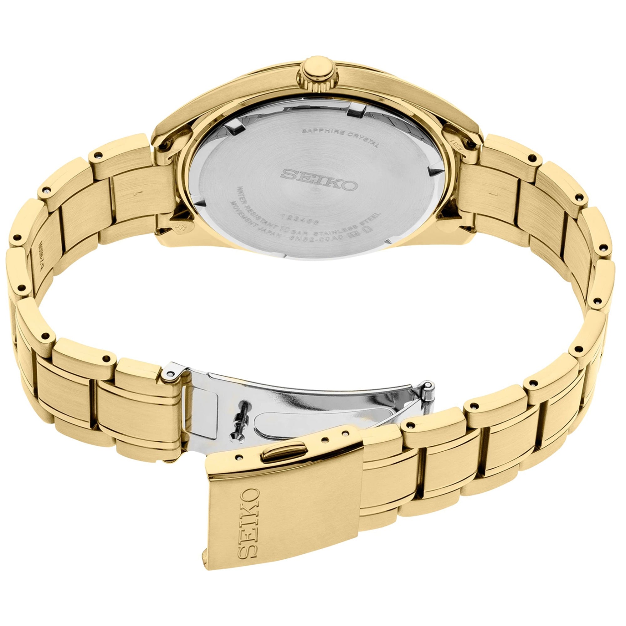 Seiko SUR314P1 gold-tone bracelet and three-fold clasp detail