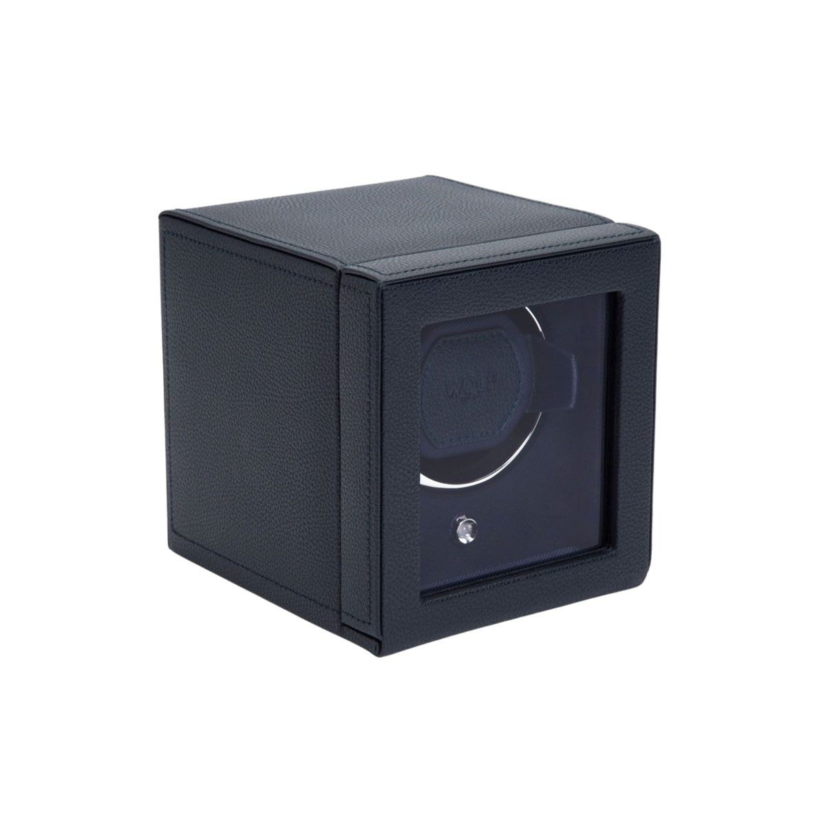 WOLF Cub 461117 three-quarter perspective showing closed navy single watch winder cube with glass door