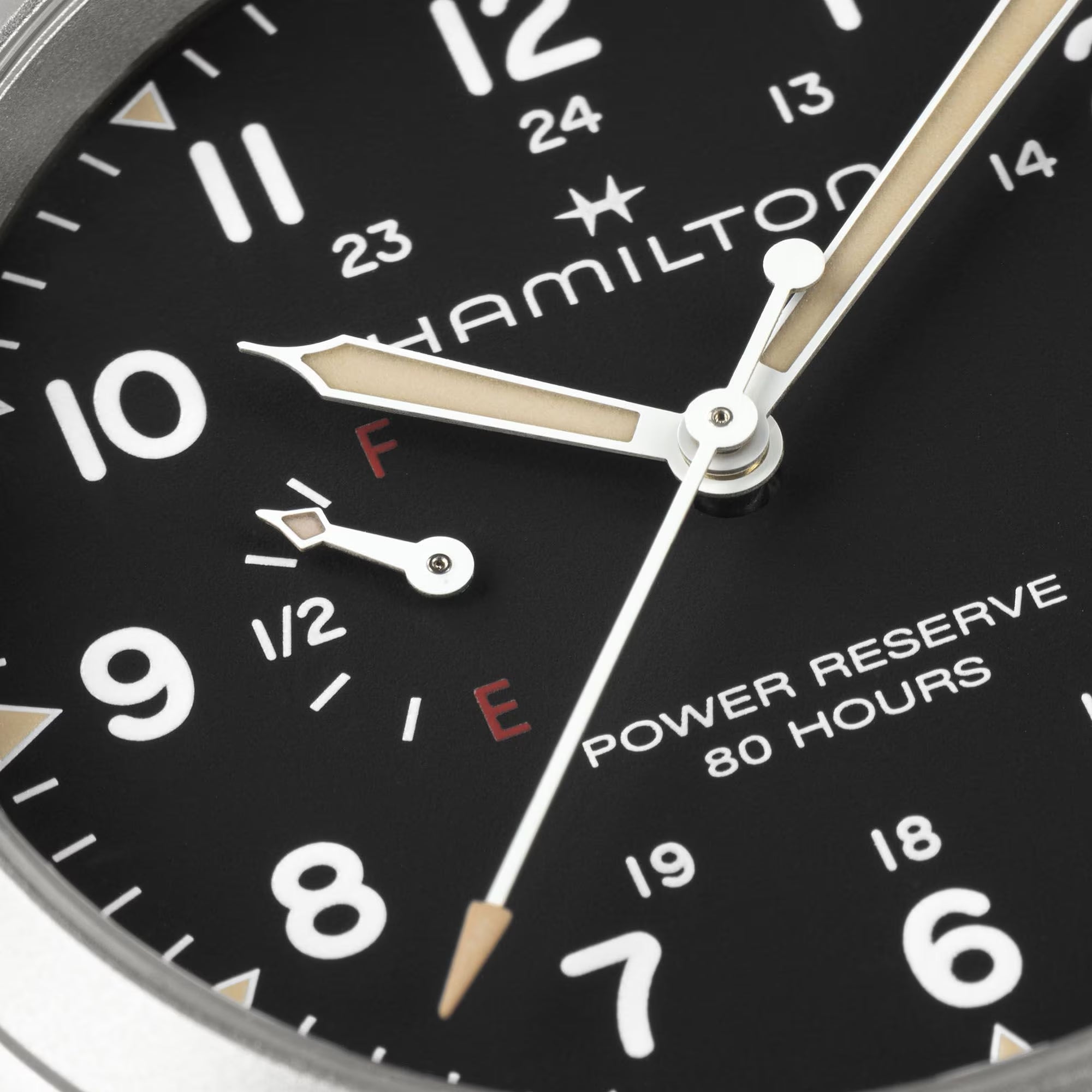 Hamilton Khaki Field H69509130 black dial with power reserve indicator at 9 o'clock close-up