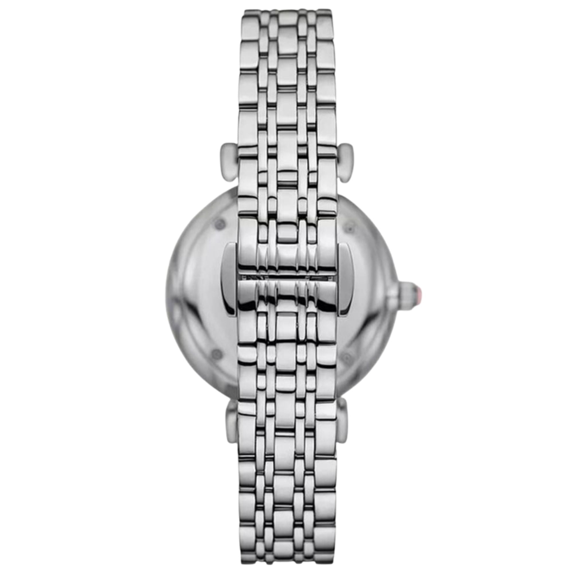 Ladies steel quartz watch with pink dial and linked bracelet, round 32mm case