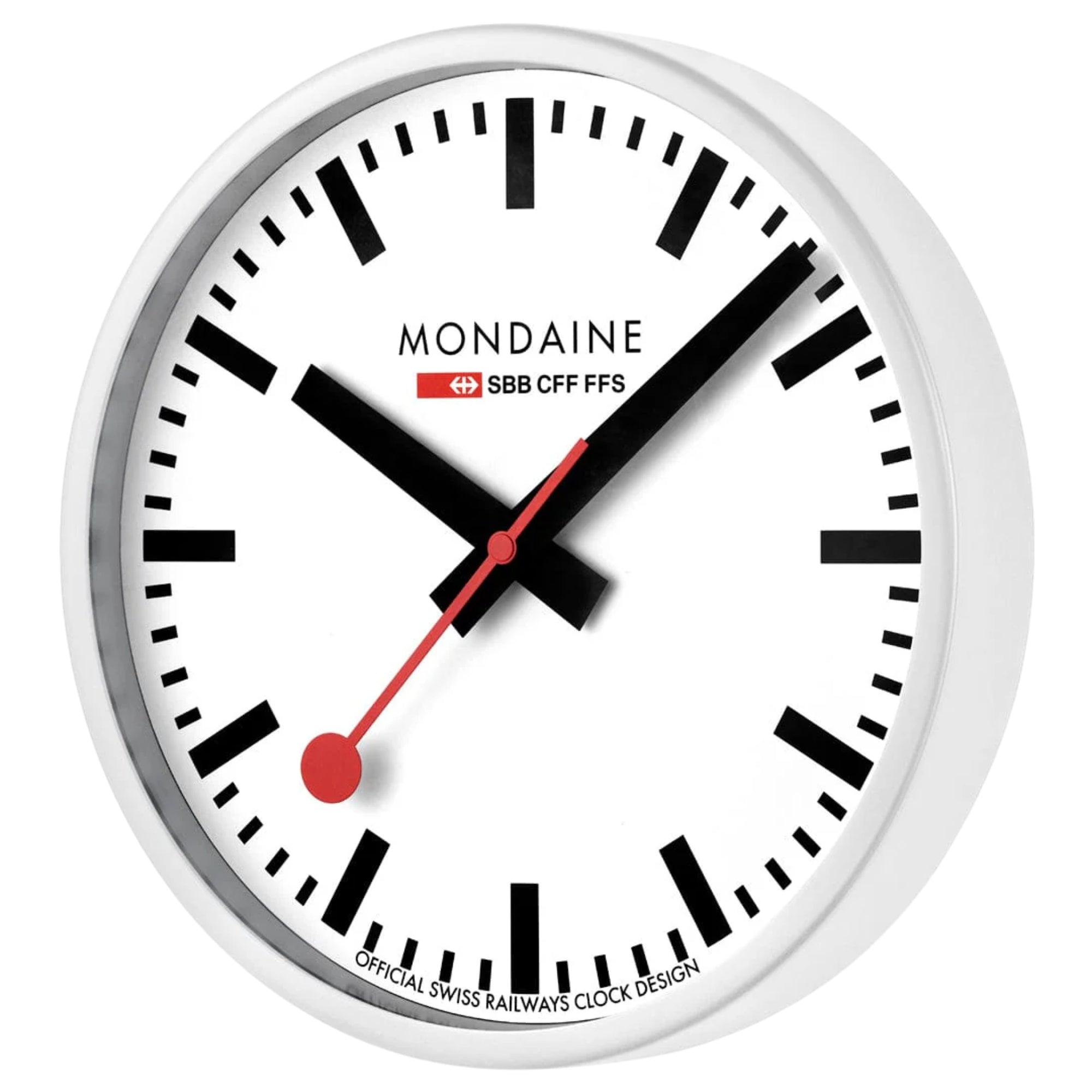 Angled view of Mondaine white frame clock A990.CLOCK.10SBB