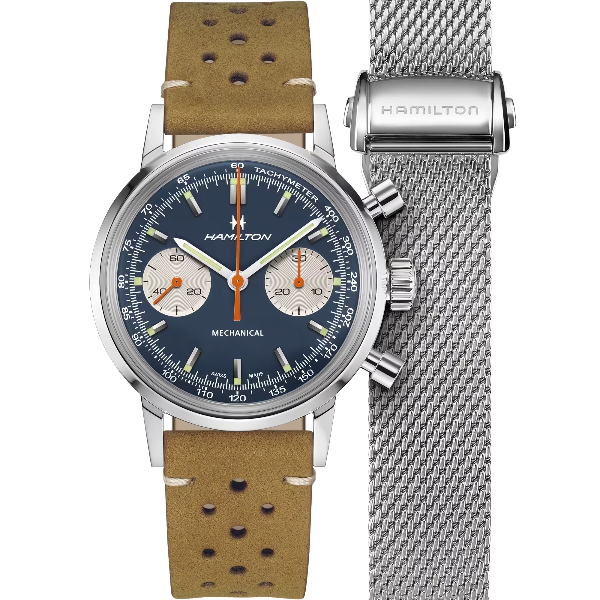 Hamilton American Classic 40mm Chronograph Blue Dial Leather Mens Mechanical Watch H38429541