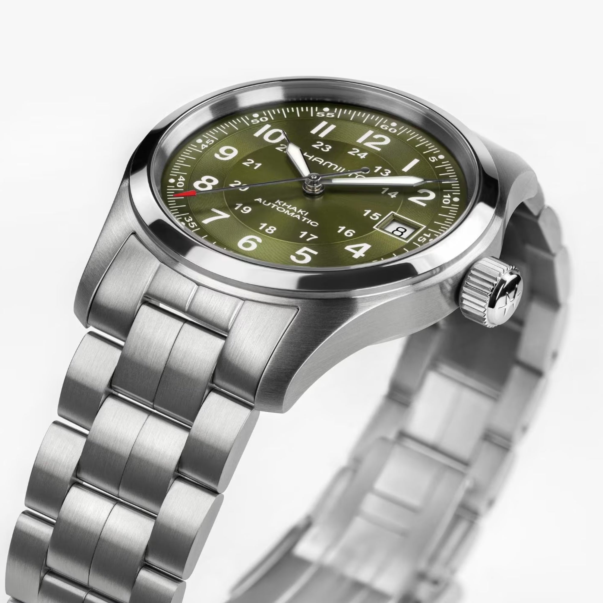 Hamilton Khaki Field H70455160 green dial angled view showing stainless steel case and crown