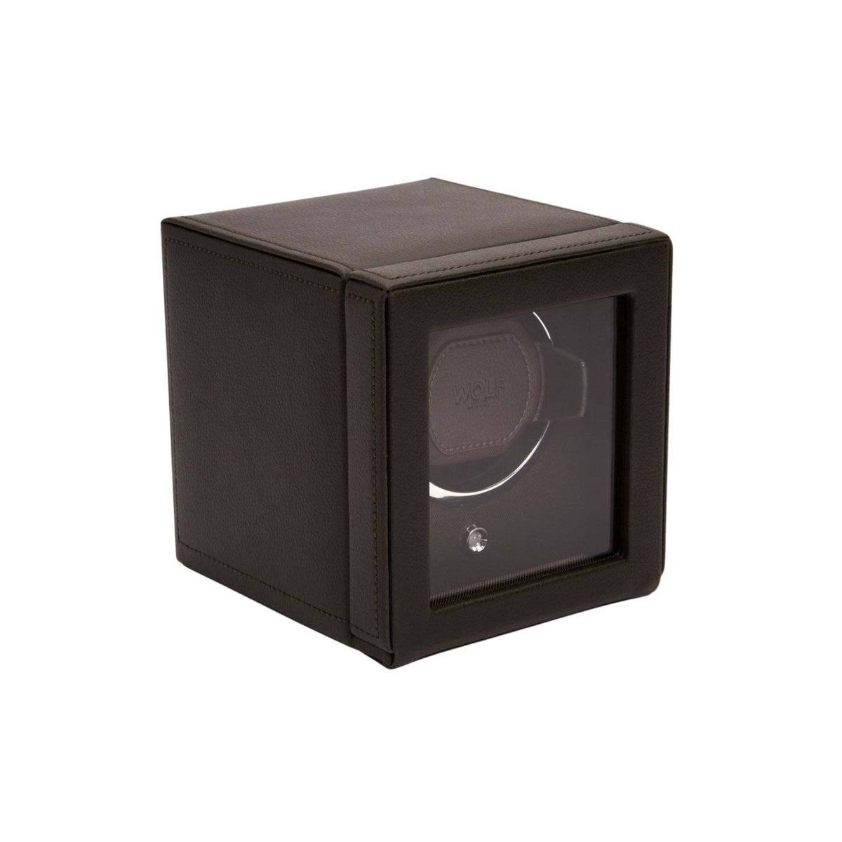Brown leather-look watch winder cube with closed hinged cover and circular viewing window
