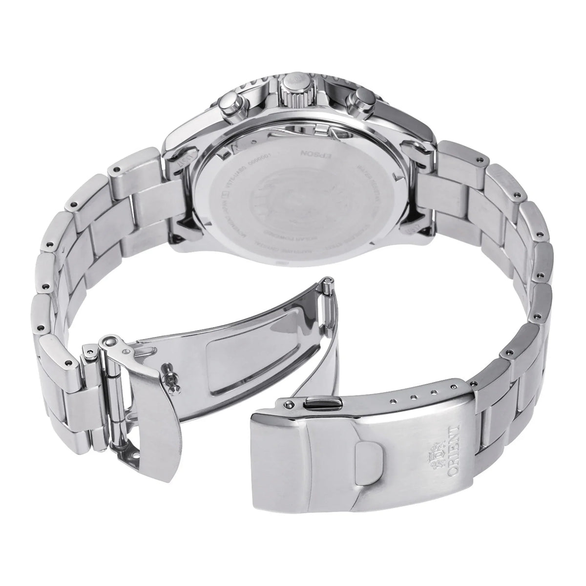 Steel wristwatch caseback and bracelet with folding clasp
