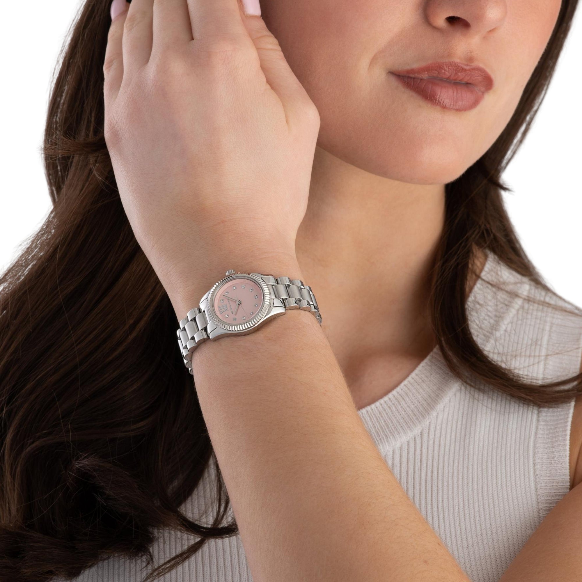 Michael Kors Petite Lexington Pavé Pink Dial Steel Strap Women's Watch MK4996