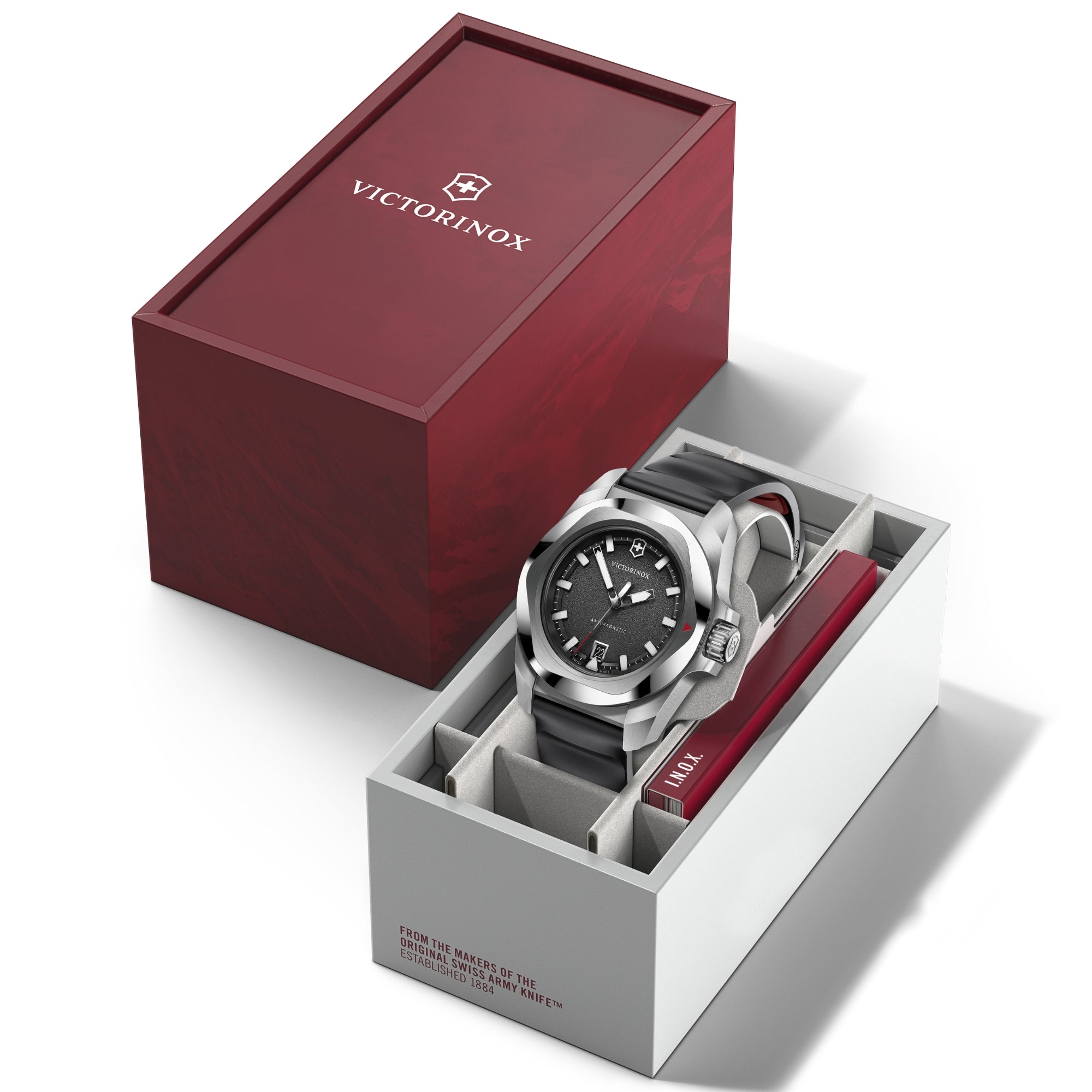 Victorinox I.N.O.X. rubber quartz watch 242028 watch displayed in premium red and white gift box packaging
