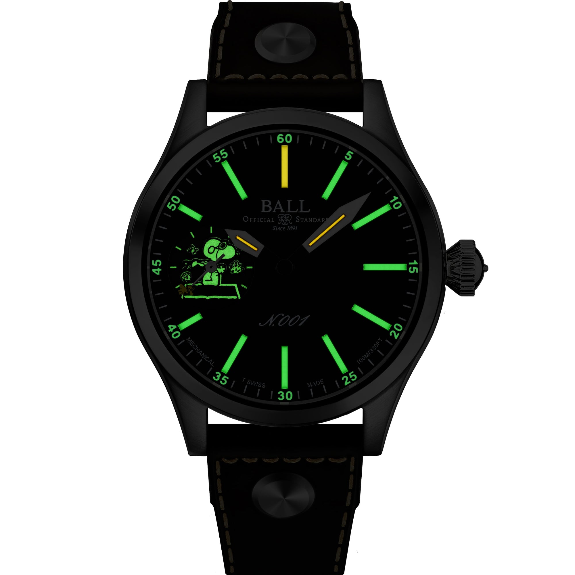 BALL Engineer Master II 46mm Snoopy Flying Ace Limited Edition Black Dial Leather Mens Manual-Wind Watch NM2638C-L2J-BK
