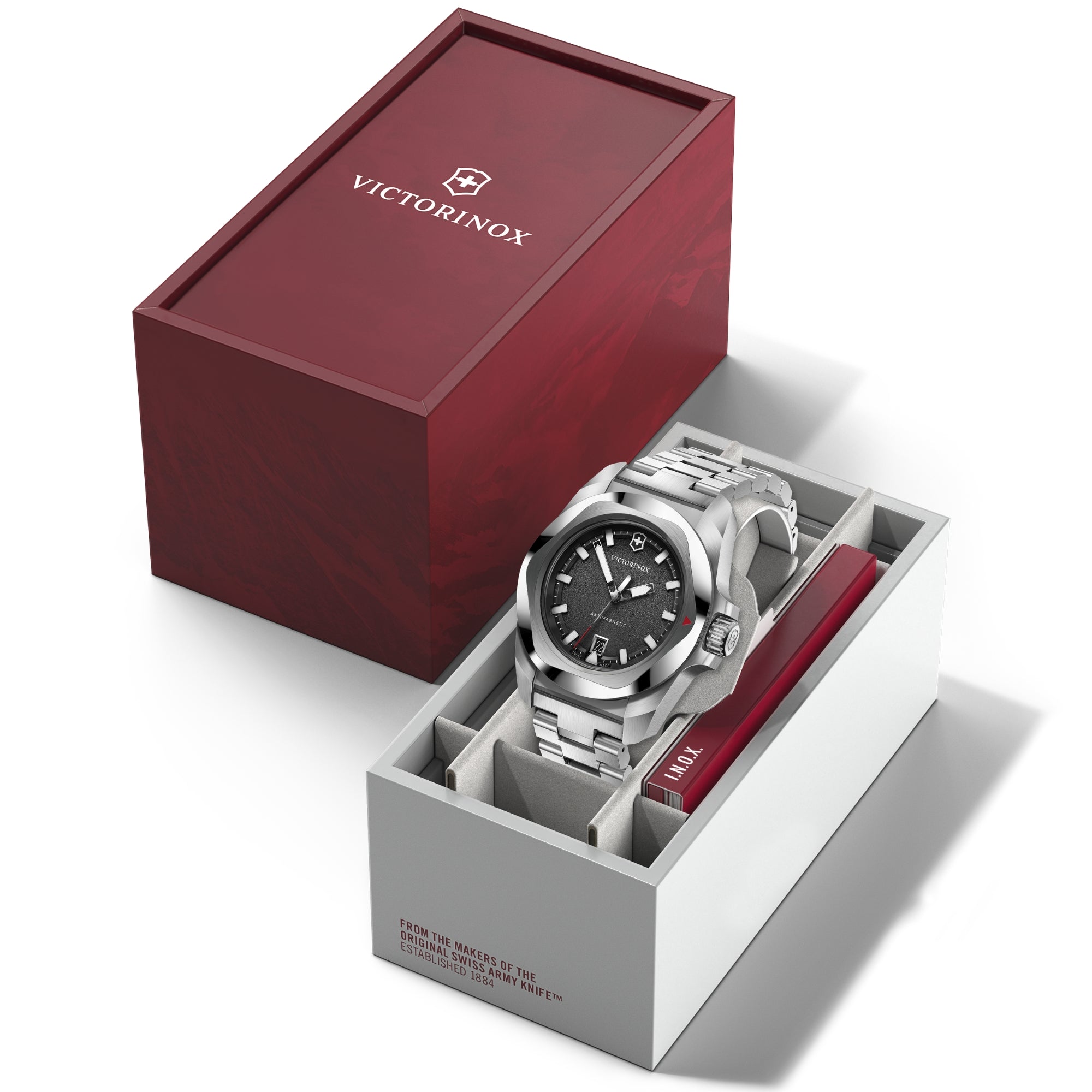 Victorinox I.N.O.X. 242030 watch displayed in premium red and white gift box packaging
