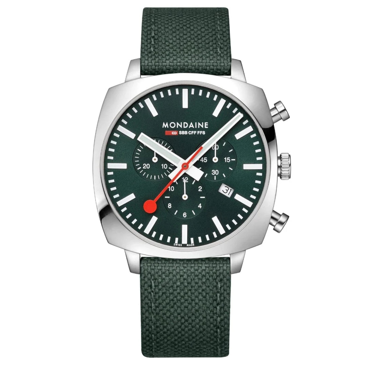 Mondaine Cushion MSL.41460.LF.SET straight angle displaying green chronograph face with cushion case profile