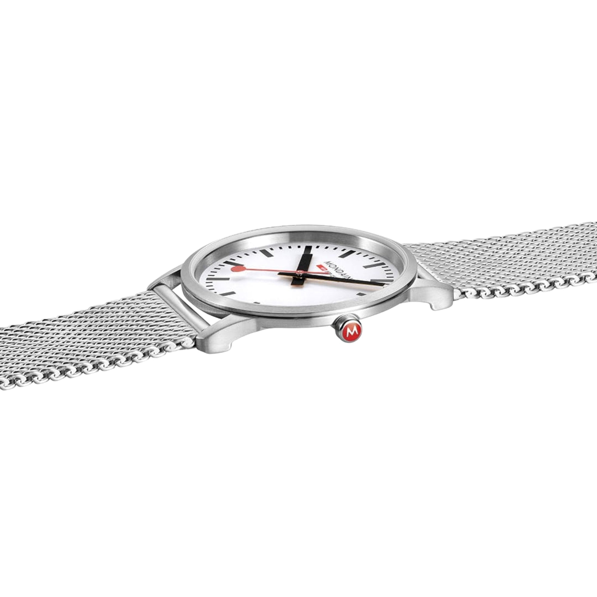 Mondaine Simply Elegant A400.30351.16SBZ stainless steel dress watch angled view displaying thin profile and mesh band