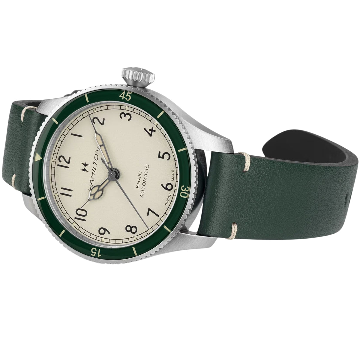 Hamilton Khaki Aviation H76255810 38mm stainless steel case with rotating green bezel side view
