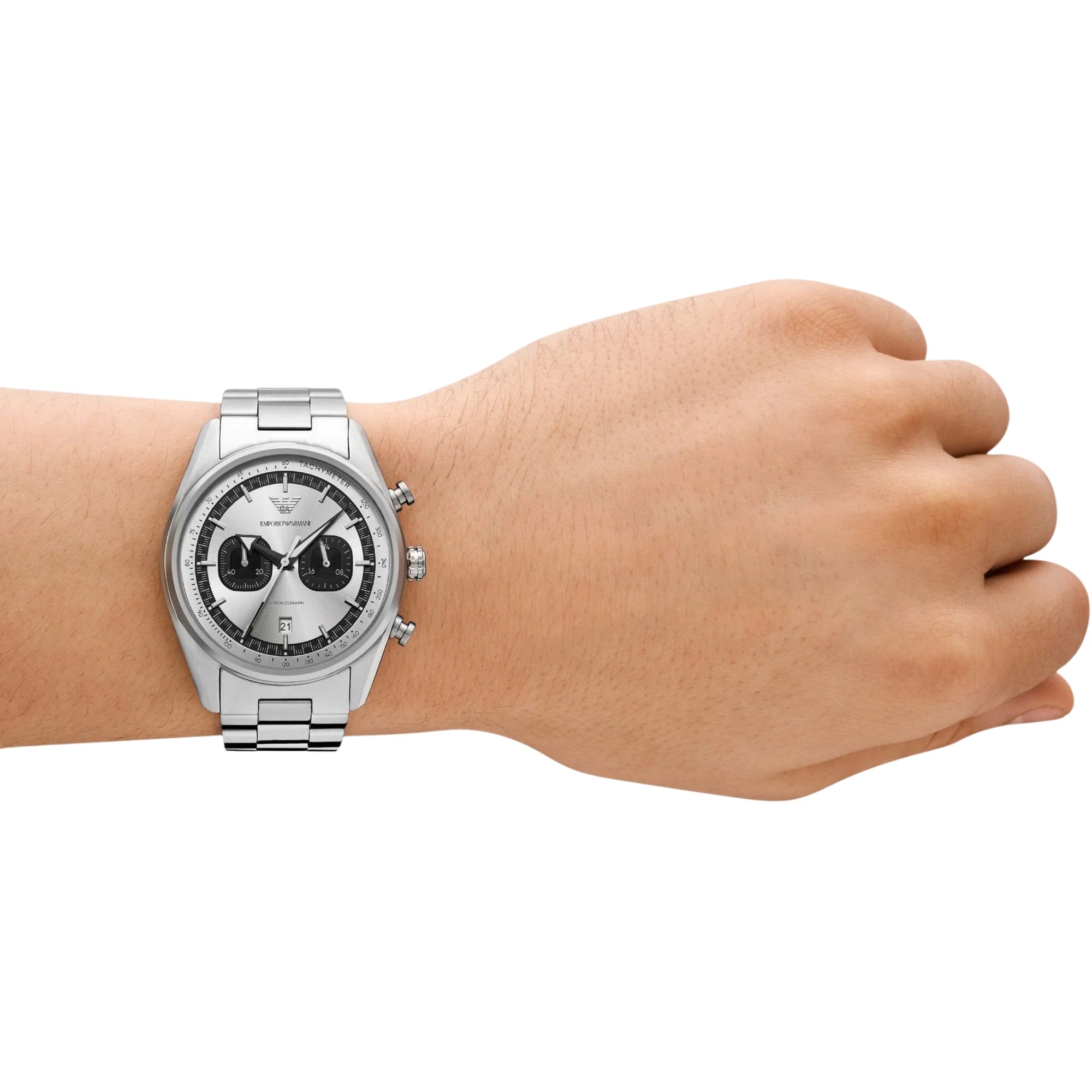 Emporio Armani Racer 42mm Chronograph Silver Dial Steel Mens Quartz Watch AR11636