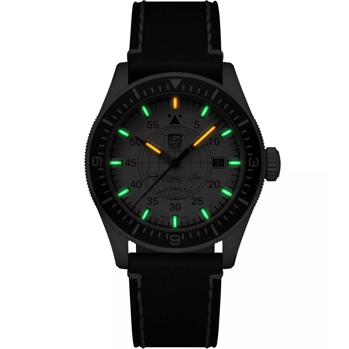 Luminox Constellation XA.9607 low light view showing illuminated hands and hour markers on cream dial