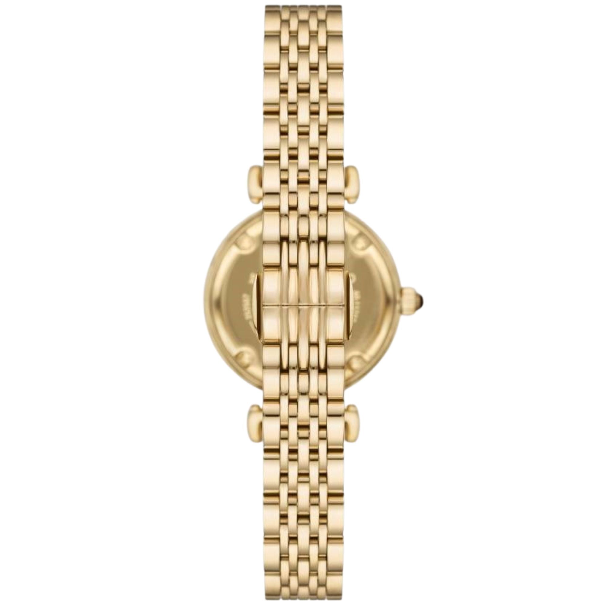 Gold-tone steel ladies quartz watch with brown dial and link bracelet, round case