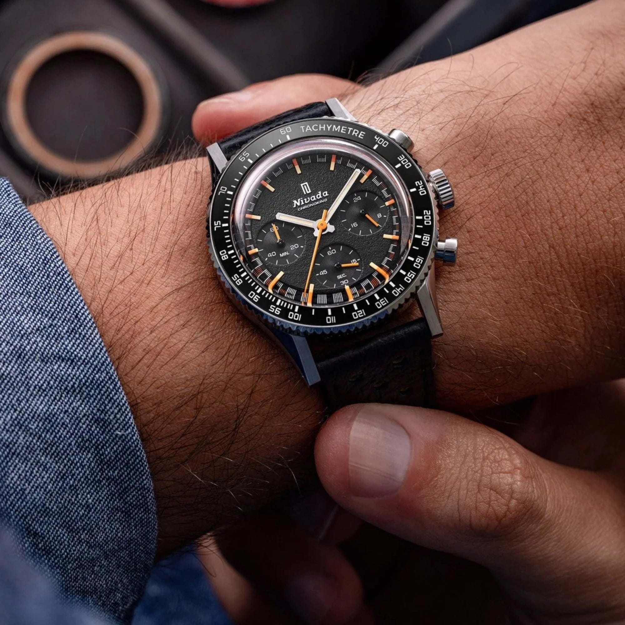 Nivada Grenchen Chronoking Mecaquartz 38mm Chronograph Matte Black Leather Mens Manual-Wind Watch 87040Q10