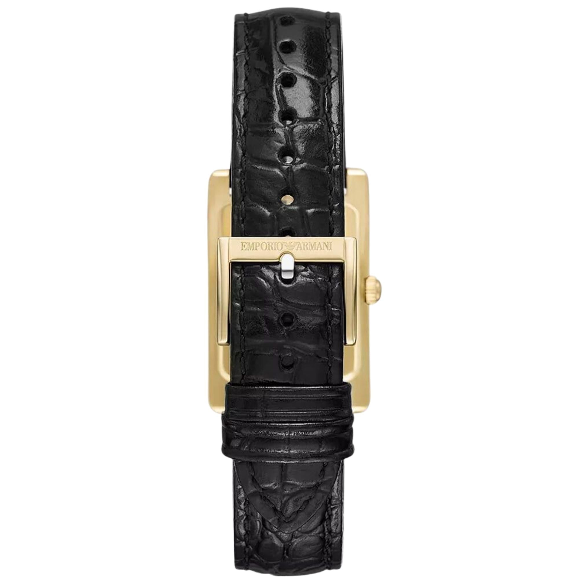 Ladies quartz watch with black leather strap and gold-tone case, clasp side view