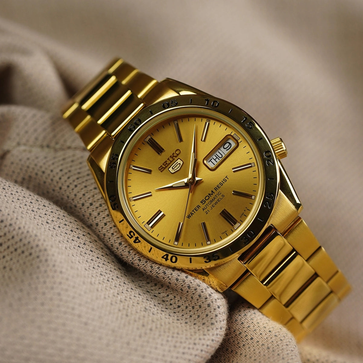 Seiko 5 Classic 37mm Gold Dial Yellow Gold-Tone Steel Mens Automatic Watch SNKE06K1