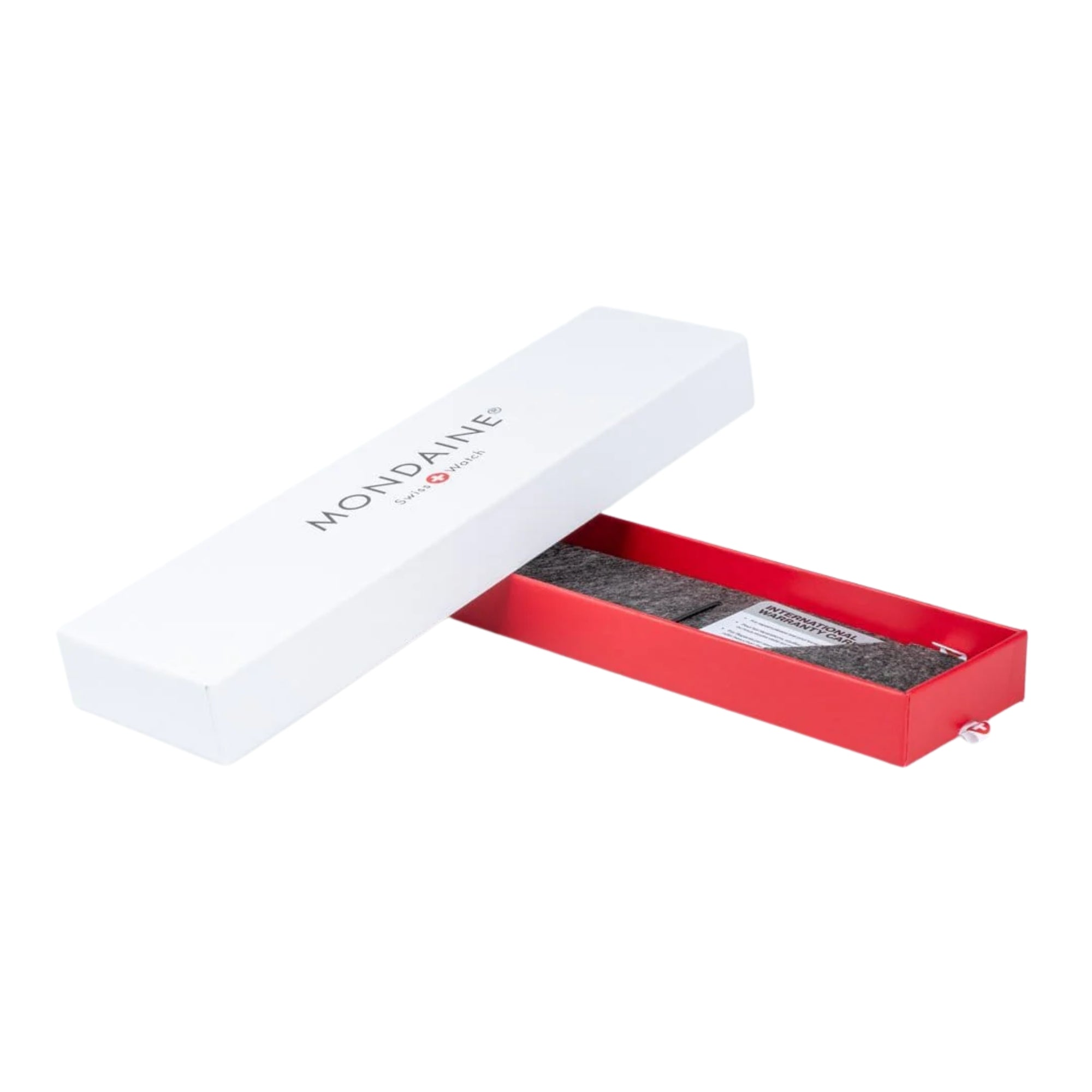 Open white and red Mondaine Essence MS1.41110.RB original presentation box with included warranty card and manual