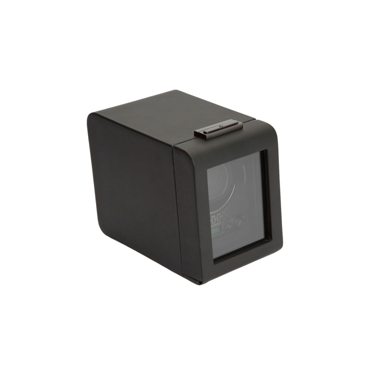 WOLF Axis 469103 three-quarter perspective showing closed powder coat single watch winder cube