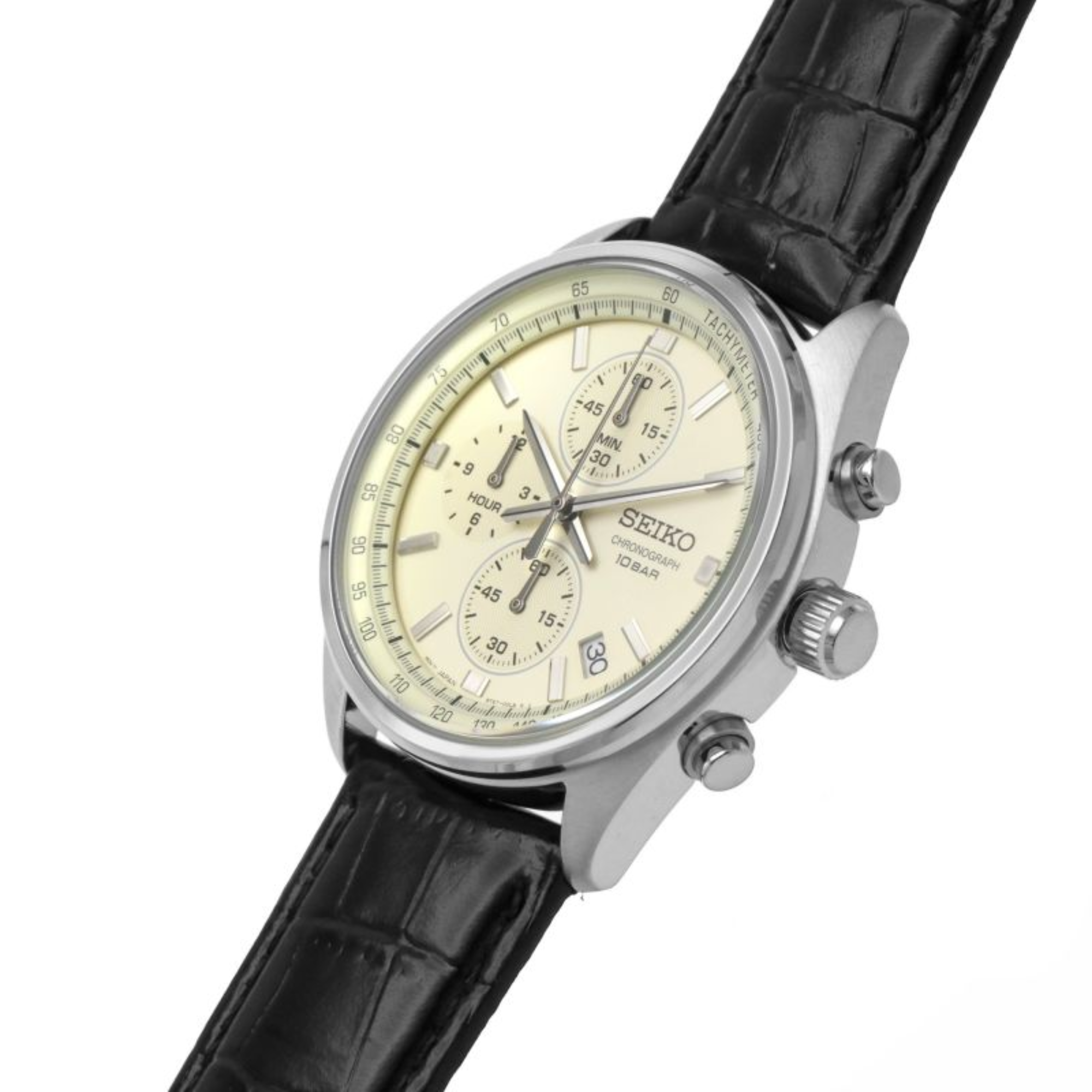Seiko Conceptual Quartz Chronograph Beige Dial Black Leather Strap Men's Watch SSB383P1