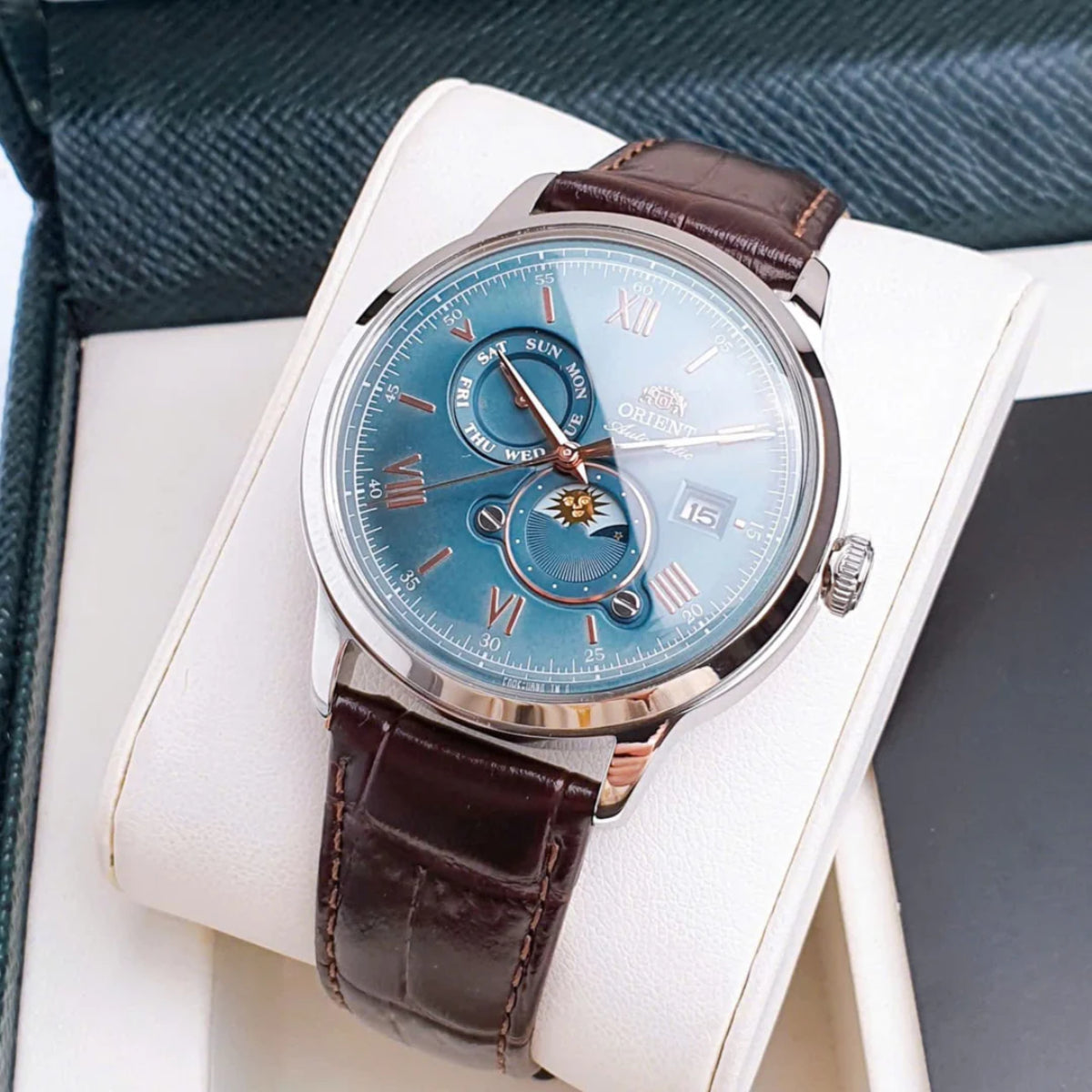 Orient Bambino Sun & Moon Green Dial Leather Strap Men's Watch RA-AK0805E30B