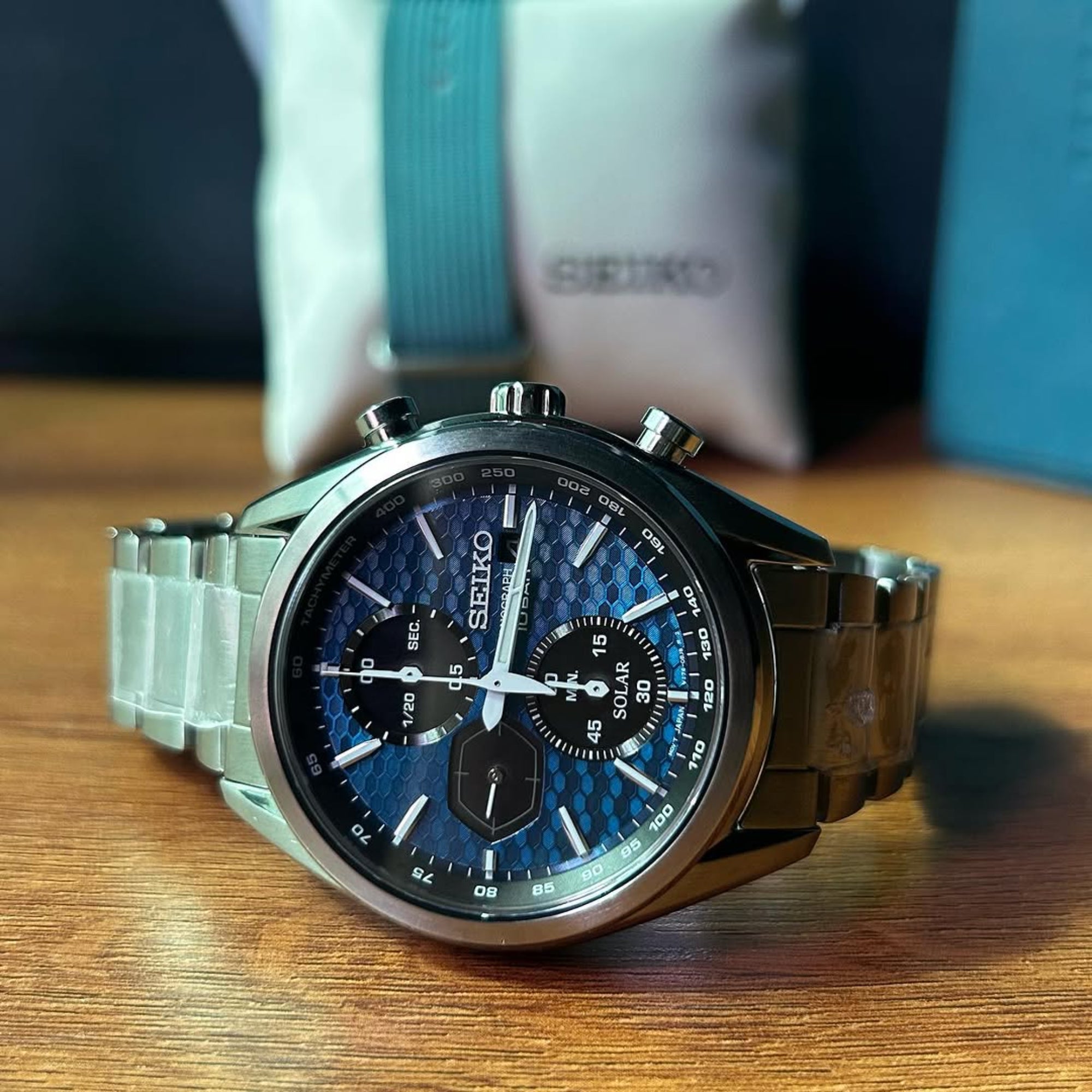 Seiko Conceptual Solar Quartz Blue Chronograph Dial Steel Bracelet Men's Watch SSC801P1