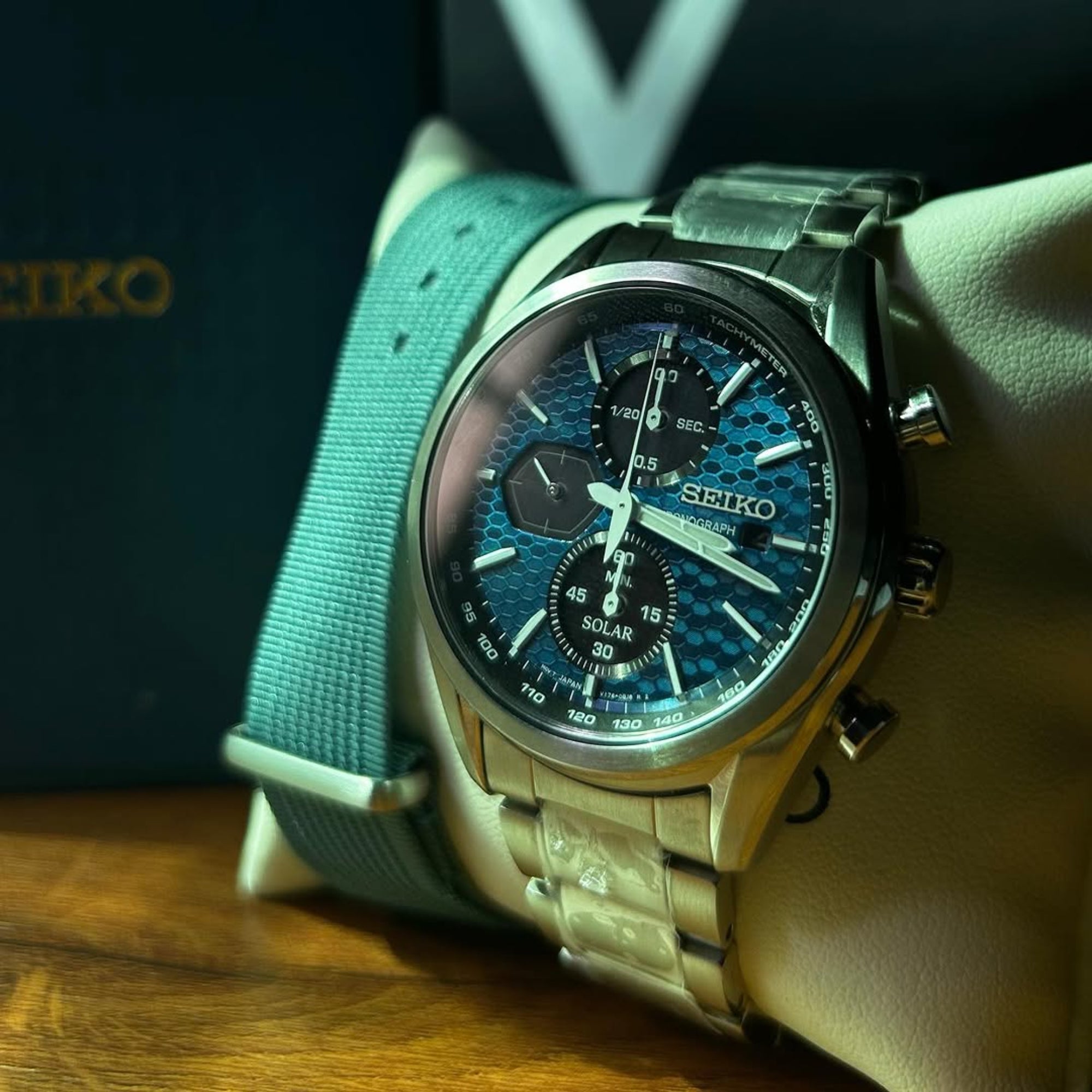 Seiko Conceptual Solar Quartz Blue Chronograph Dial Steel Bracelet Men's Watch SSC801P1