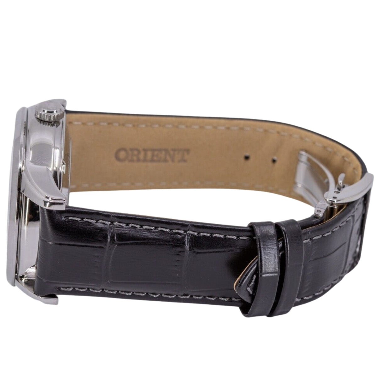 Orient Bambino 42.5mm Sun & Moon Schwarzes Zifferblatt Leder Herren Automatik Uhr RA-AK0010B30B