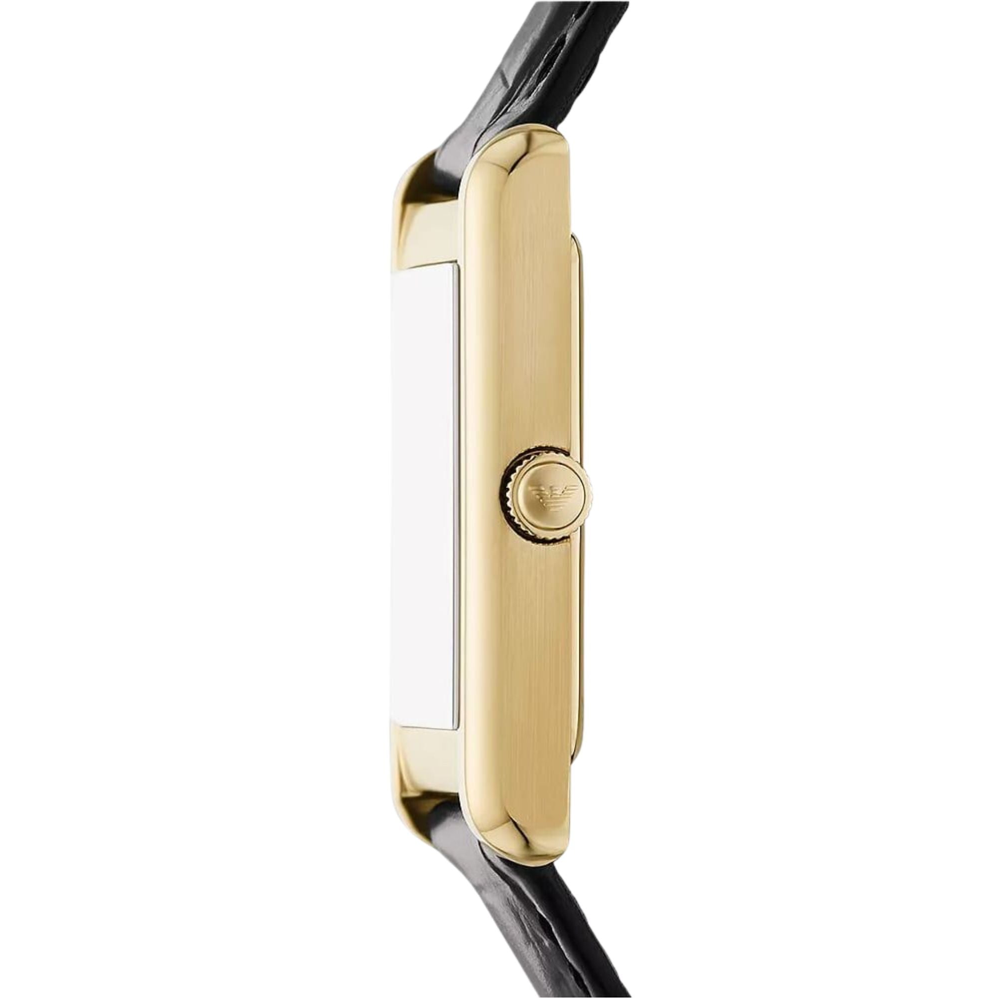 Side profile of ladies quartz watch, gold-tone case with black leather strap