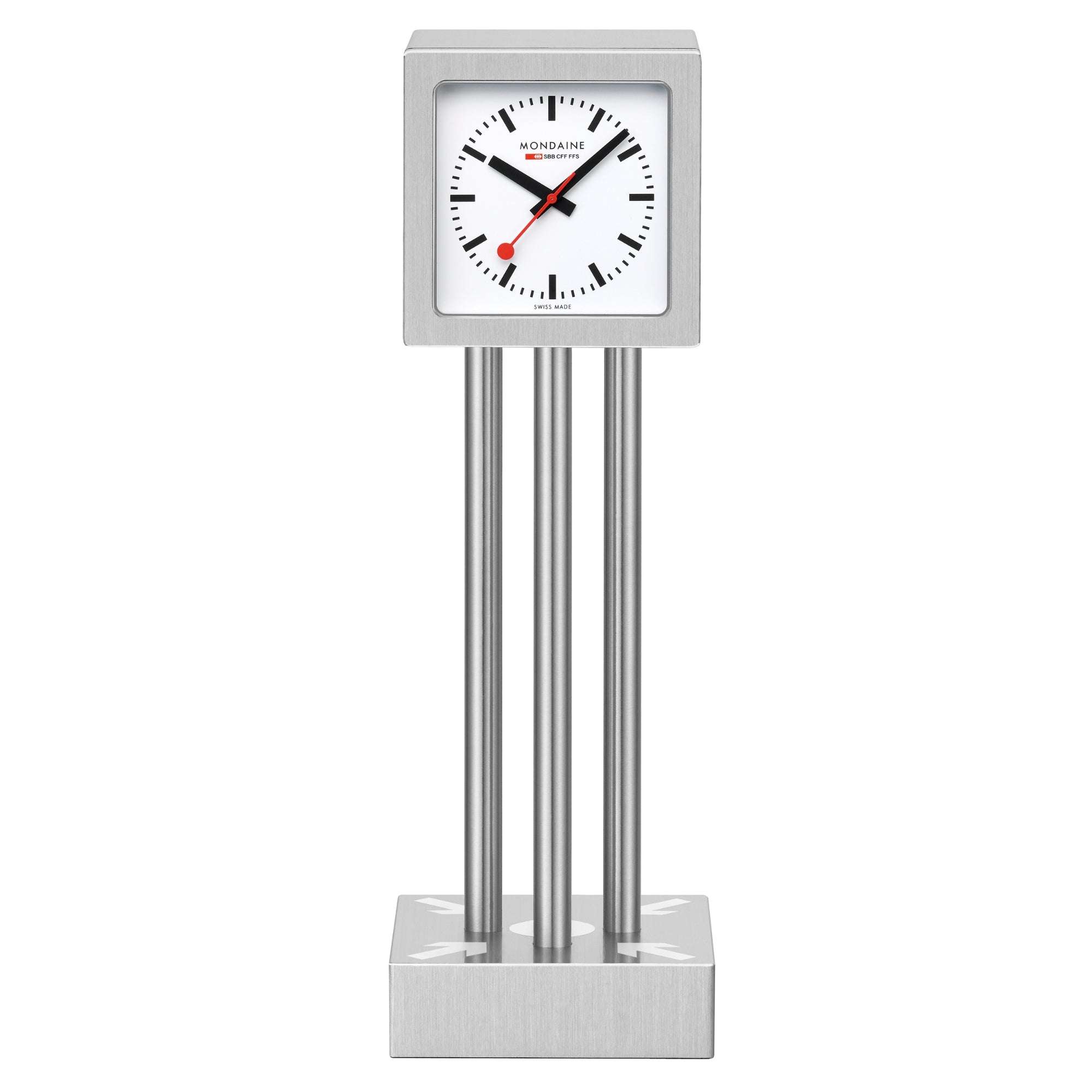 Rectangular aluminum table clock with vertical metal columns and white dial