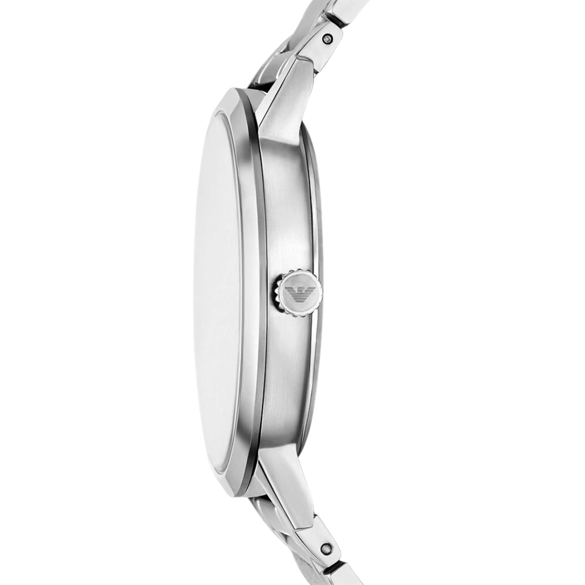 Silver-tone steel quartz watch case side with crown and metal link bracelet.