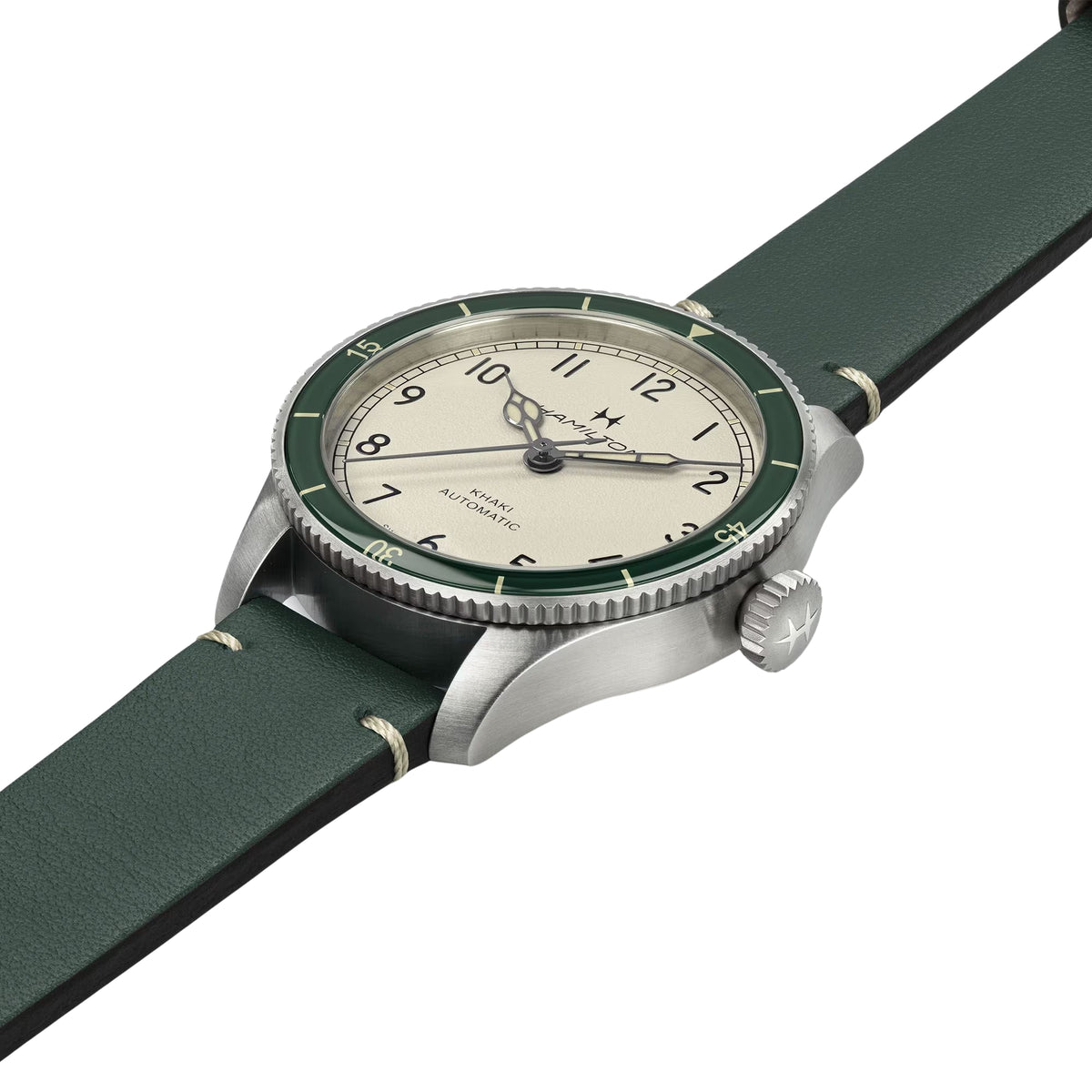 Hamilton Khaki Aviation H76255810 38mm eggshell white dial and green leather strap watch side view