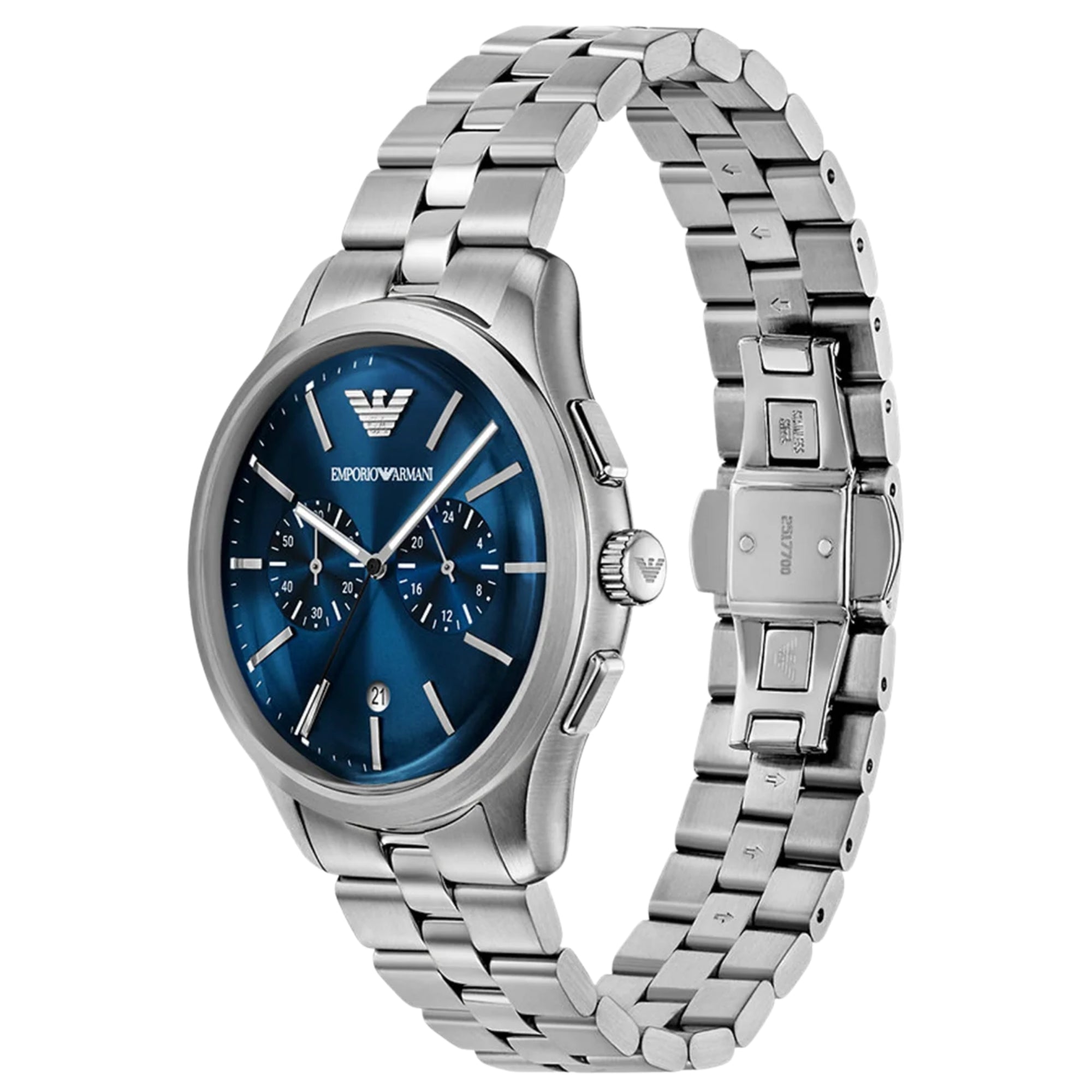 Mens steel chronograph watch with blue dial, three subdials, link bracelet
