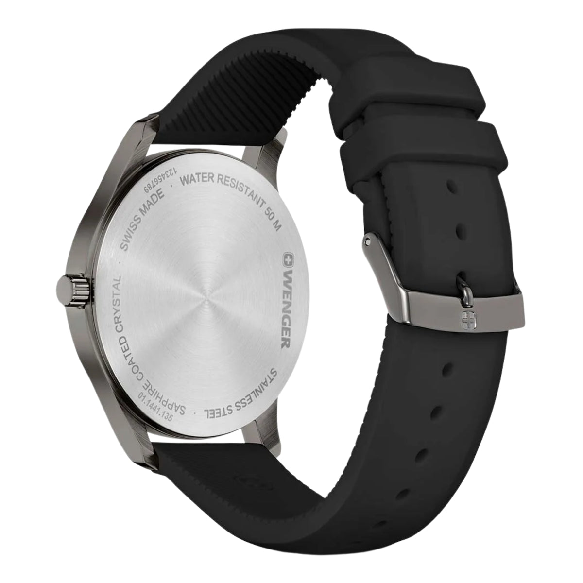 Wenger City Sport 01.1441.135 back view showing stainless steel case back, specifications, and silicone strap buckle